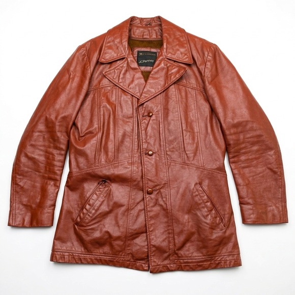 jcpenney Other - Vintage JCPenney Mens 38 Leather Car Coat Cognac Brown 70s Zip Out Liner Jacket